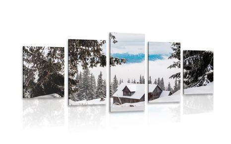 QUADRO IN 5 PARTI CASA DI LEGNO PRESSO PINI INNEVATI - QUADRI DI NATURA E PAESAGGIO - QUADRI