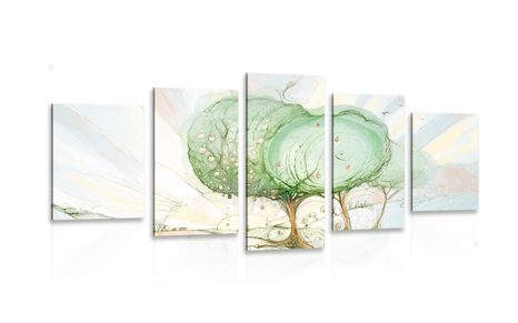 5-PIECE CANVAS PRINT TREES ON A PASTEL FIELD - PICTURES OF TREES AND LEAVES - PICTURES