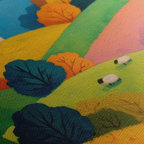 WANDBILD BUNTE HÜGEL MIT HAUS - WANDBILDER FELDER UND WIESEN - BILDER