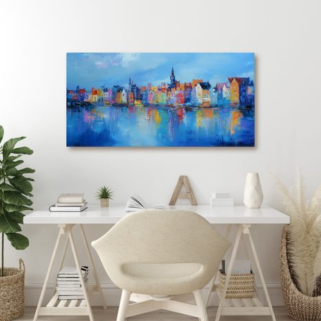 WANDBILD BUNTE STADT AM FLUSS - BUNTE HÄUSER - BILDER