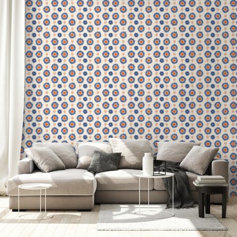SAMOLEPÍCÍ TAPETA ORANŽOVO-MODRÉ KVĚTINOVÉ KRUHY - VZOROVANÉ TAPETY - TAPETY
