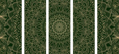 5-DÍLNÝ OBRAZ DETAILNÍ OZDOBNÁ MANDALA V ZELENÉ BARVĚ - OBRAZY FENG SHUI - OBRAZY