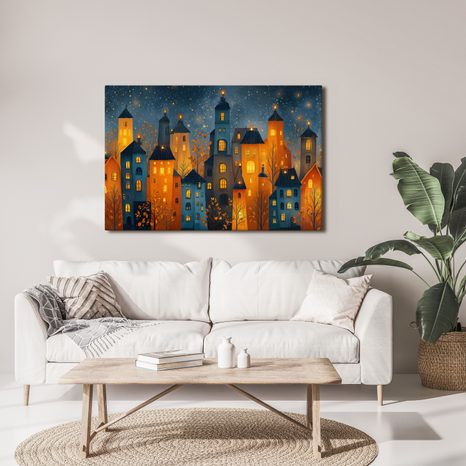 OBRAZ VÁNOČNÍ MĚSTO V NOCI - BAREVNÉ DOMY - OBRAZY