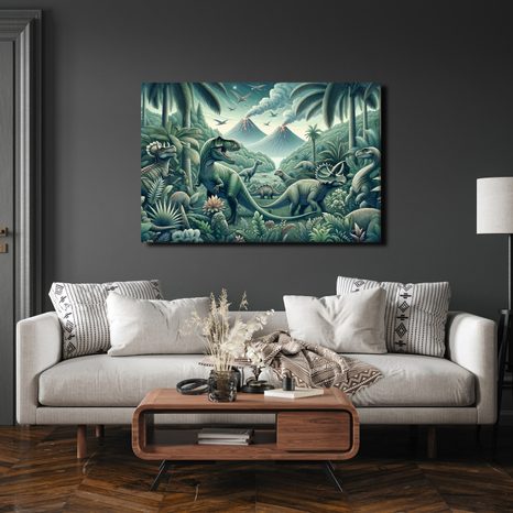 OBRAZ DINOSAUŘI V PRALESNÍ KRAJINĚ SE SOPKAMI - DĚTSKÉ OBRAZY ZVÍŘÁTKA - OBRAZY
