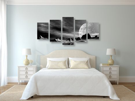 5-TEILIGES WANDBILD FUTURISTISCHER PLANET IN SCHWARZ-WEISS - SCHWARZ-WEISSE BILDER - BILDER