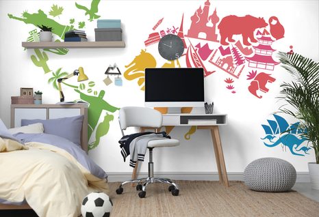 SAMOLEPÍCÍ TAPETA MAPA SVĚTA SE SYMBOLY KONTINENTŮ - SAMOLEPÍCÍ TAPETY - TAPETY