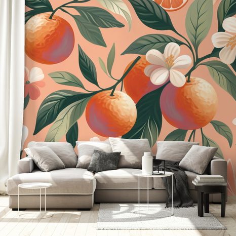 TAPETE ORANGEN UND BLUMEN AUF APRIKOSENFARBENEM HINTERGRUND - TAPETEN MIT ESSEN UND GETRÄNKEN - TAPETEN