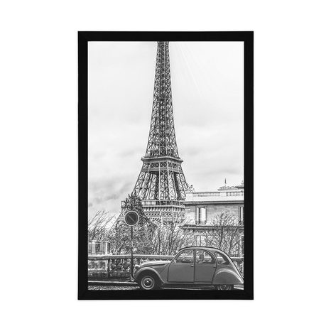 POSTER – VISTA SULLA TORRE EIFFEL DALLA STRADA DI PARIGI IN BIANCO E NERO - NERO E BIANCO - POSTER