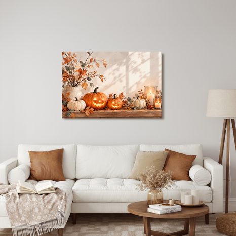 QUADRO SU TELA – ZUCCHE AUTUNNALI CON CANDELE - QUADRI HALLOWEEN E HORROR - STAMPE E QUADRI