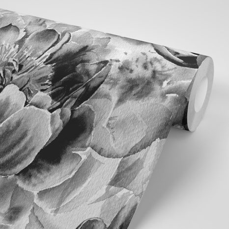 TAPETE PFINGSTROSEN IN SCHWARZ-WEISS - SCHWARZ-WEISSE TAPETEN - TAPETEN