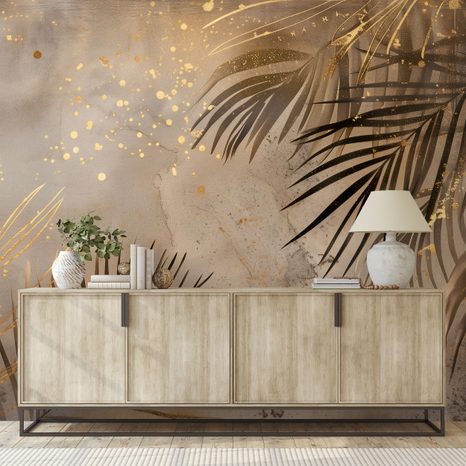 FOTOTAPET FRUNZE DE PALMIER AURII PE GRI - TAPETE FRUNZE - TAPETURI