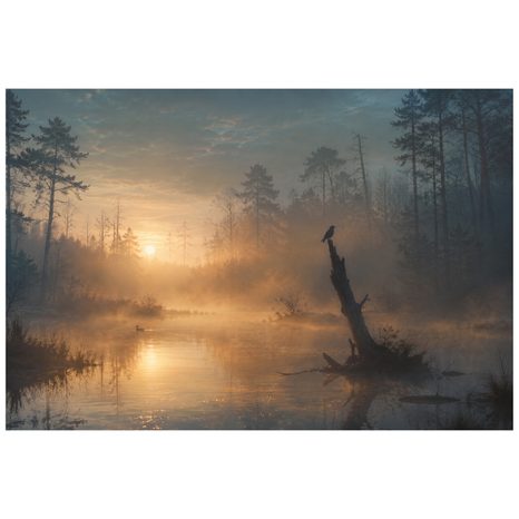 ZELFKLEVEND FOTOBEHANG MISTIG BOS BIJ HET MEER - FOTOBEHANG MEREN - FOTOBEHANG