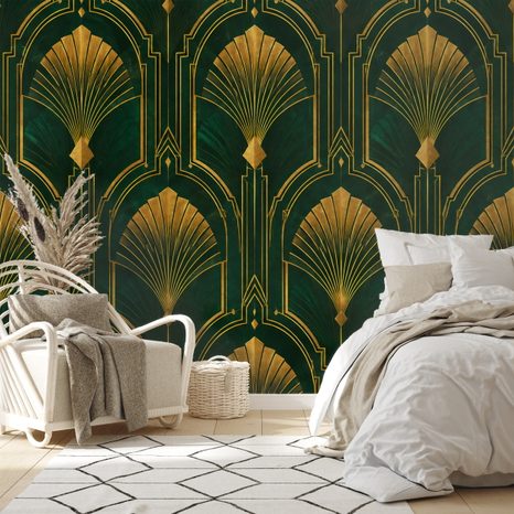 ZELFKLEVEND FOTOBEHANG GOUDEN ART-DECO WAAIERS OP GROEN - FOTOBEHANG MET PATRONEN - FOTOBEHANG
