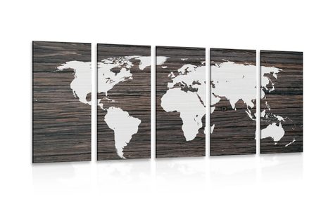 5-PIECE CANVAS PRINT WORLD MAP ON WOOD - PICTURES OF MAPS - PICTURES