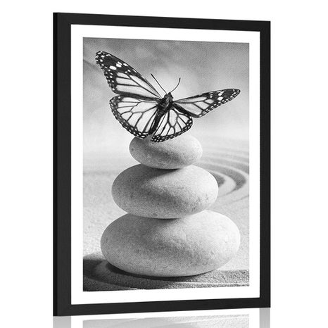 POSTER WITH MOUNT BALANCE OF STONES AND BUTTERFLIES IN BLACK AND WHITE - BLACK AND WHITE - POSTERS