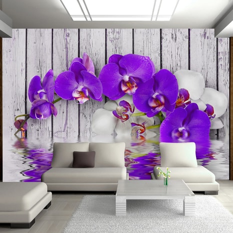 PHOTO WALLPAPER BLUE, WHITE ORCHID ON A WOODEN BACKGROUND