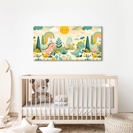 OBRAZ DINOSAUŘÍ KAMARÁDI V BAREVNÉ ZAHRADĚ - DĚTSKÉ OBRAZY ZVÍŘÁTKA - OBRAZY