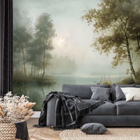 TAPET AUTOADEZIV PEISAJ DE PĂDURE ÎN CEAȚĂ - TAPET COPACI - TAPETURI