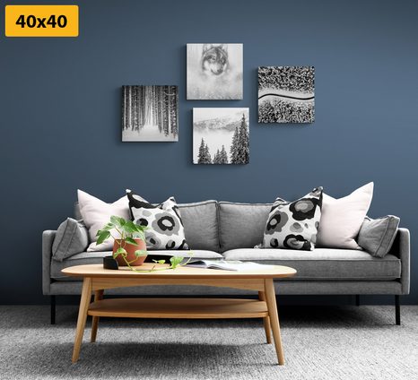 CANVAS PRINT SET WOLF IN A MYSTERIOUS FOREST IN BLACK AND WHITE - SET OF PICTURES - PICTURES