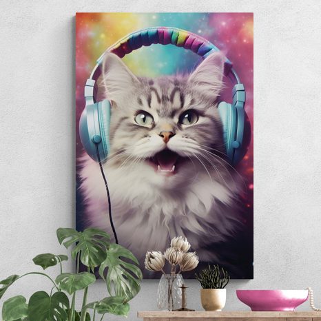 STAMPA SU TELA – GATTO CON CUFFIE - QUADRI DI ANIMALI DA FESTA CON LE CUFFIE - STAMPE E QUADRI