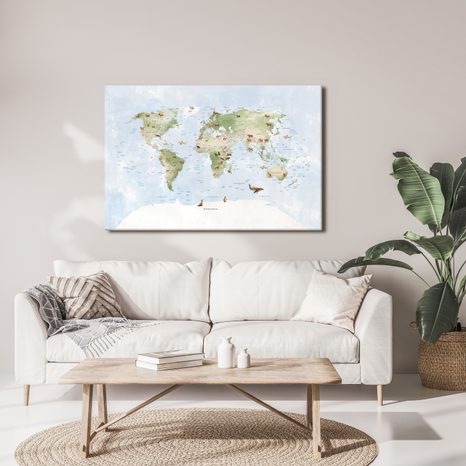 WANDBILD WELTKARTE MIT TIEREN - KINDERLANDKARTEN - BILDER