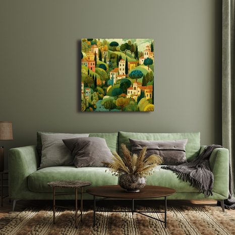 WANDBILD DÖRFLICHE HÄUSER ZWISCHEN BÄUMEN - BUNTE HÄUSER - BILDER