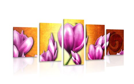 5-PIECE CANVAS PRINT PINK FLOWERS IN ETHNIC STYLE
