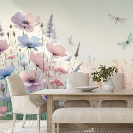 FOTOTAPETA PASTELOVÉ KVĚTY A VÁŽKY - TAPETY KVĚTINY - TAPETY