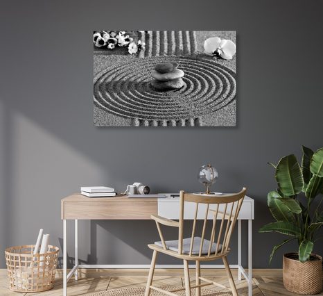 OBRAZ JAPONSKÁ ZAHRADA S FENG SHUI PRVKY V ČERNOBÍLÉM PROVEDENÍ - ČERNOBÍLÉ OBRAZY - OBRAZY