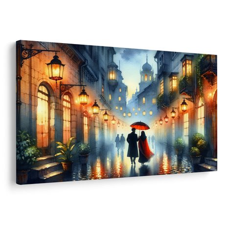 WANDBILD ROMANTISCHER SPAZIERGANG DURCH VERREGNETE STADT - BILDER VON MENSCHEN - BILDER