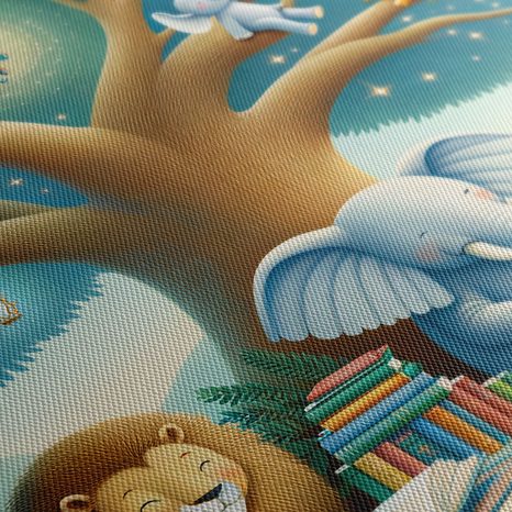 WANDBILD TIERE UNTER DEM BAUM MIT BUCH - KINDERBILDER TIERE - BILDER