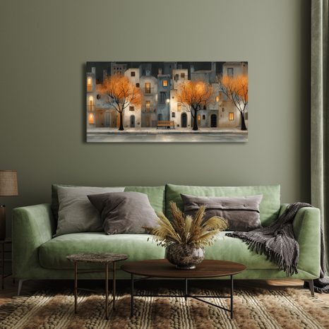 SLIKA VEČERNJA ULICA S KLUPOM - ŠARENE KUĆE - SLIKE