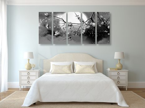 TABLOU 5-PIESE RAMURI DE COPAC LA LUNA PLINĂ ÎN DESIGN ALB-NEGRU - TABLOURI ALB-NEGRU - TABLOURI