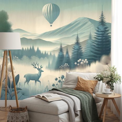 SELBSTKLEBENDE TAPETE WALDLANDSCHAFT MIT HIRSCH UND BALLON - TAPETEN HIRSCHE - TAPETEN