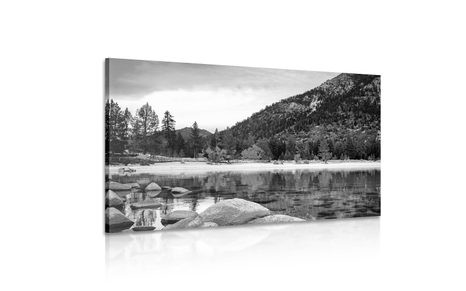 WANDBILD SEE IN WUNDERSCHÖNER NATUR IN SCHWARZ-WEISS - SCHWARZ-WEISSE BILDER - BILDER