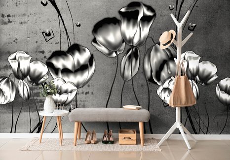 TAPETA ČERNOBÍLÉ MÁKY V ETNO NÁDECHU - ČERNOBÍLÉ TAPETY - TAPETY