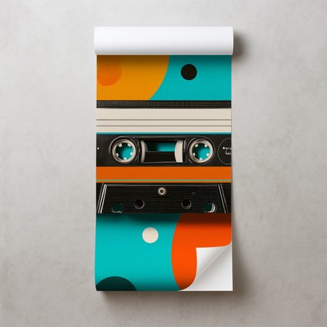 SELBSTKLEBENDE FOTOTAPETE RETRO-KASSETTE AUF BUNTEN KREISEN - MUSIK FOTOTAPETEN - TAPETEN