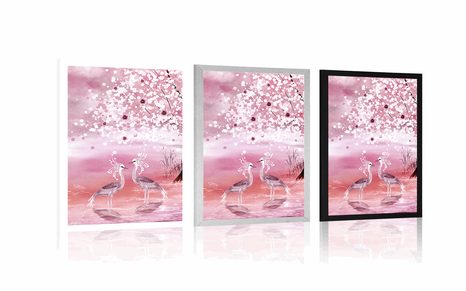 POSTER REIHER UNTER EINEM BEZAUBERNDEN BAUM IN ROSA - TIERE - POSTER