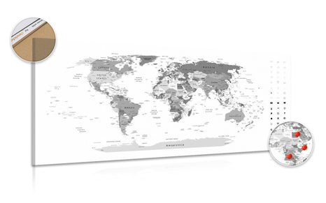 DECORATIVE PINBOARD DETAILED MAP OF THE WORLD IN BLACK AND WHITE - PICTURES ON CORK - PICTURES