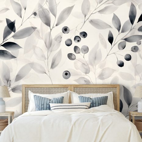 TAPÉTA FEKETE-FEHÉR AKVARELL LEVELEK ÉS BOGYÓK - LEVELES TAPÉTÁK - TAPÉTÁK