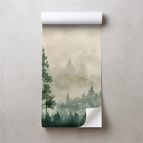 TAPET AUTOADEZIV SILUETE VERZI DE PĂDURE ÎN CEAȚĂ - TAPET PĂDURE - TAPETURI