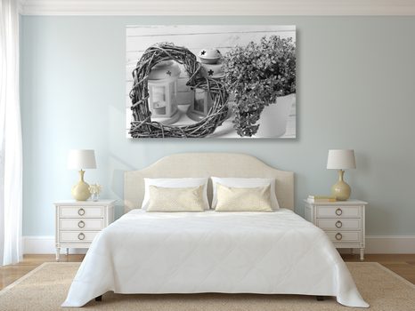 WANDBILD WEIDENHERZ MIT LATERNEN UND FLIEDER IN SCHWARZ-WEISS - SCHWARZ-WEISSE BILDER - BILDER