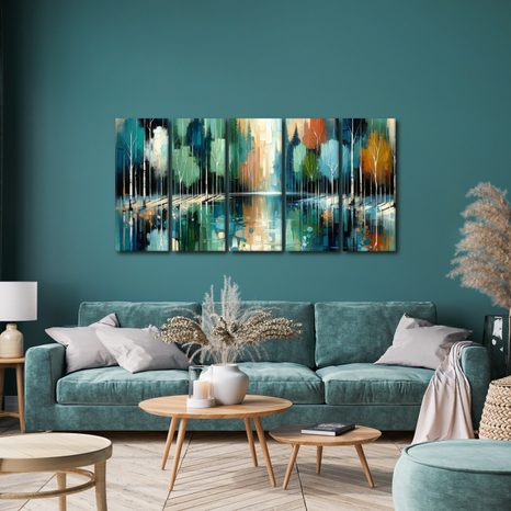 5-TEILIGES WANDBILD RUHIGE WALDREFLEXION - BILDER WALD - BILDER