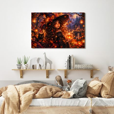 QUADRO SU TELA – STREGA INCANTATA CON ZUCCA - QUADRI HALLOWEEN E HORROR - STAMPE E QUADRI