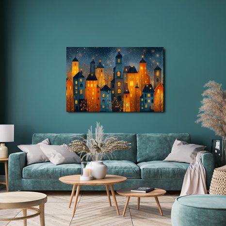 OBRAZ VÁNOČNÍ MĚSTO V NOCI - BAREVNÉ DOMY - OBRAZY