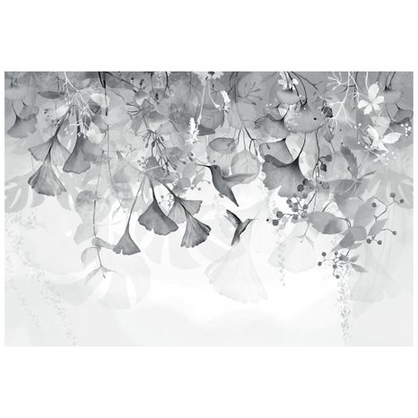 CARTA DA PARATI – FOGLIE CON COLIBRÌ IN BIANCO E NERO - CARTA DA PARATI BIANCO E NERO - CARTA DA PARATI