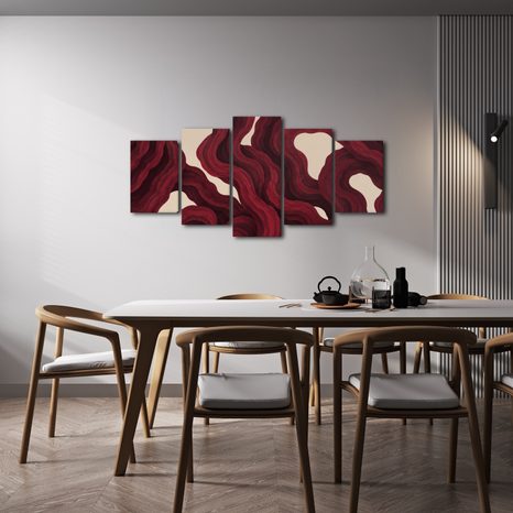 5-TEILIGES WANDBILD ABSTRAKTE WELLEN IN BORDEAUXROT - WANDBILDER ABSTRAKTE FORMEN - BILDER