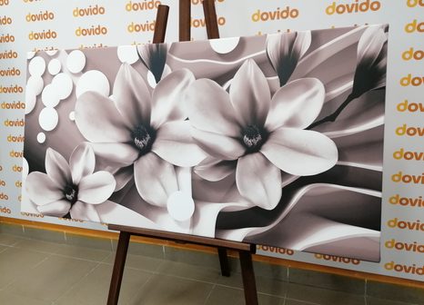 CANVAS PRINT BLACK AND WHITE MAGNOLIA ON AN ABSTRACT BACKGROUND - BLACK AND WHITE PICTURES - PICTURES