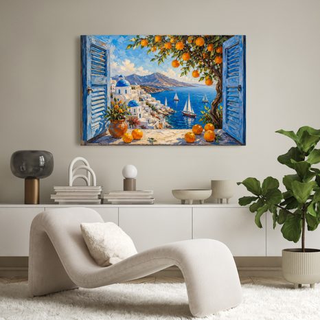WANDBILD KÜSTE VON SANTORINI MIT ORANGEN - BILDER MEER UND STRAND - BILDER