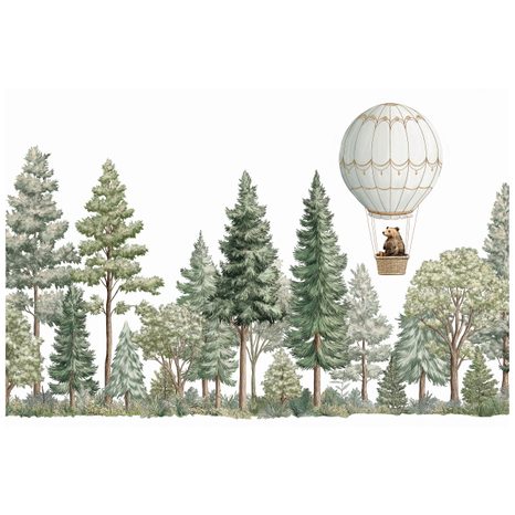 SAMOLEPÍCÍ TAPETA MEDVĚD V BALÓNU NAD LESEM - DĚTSKÉ TAPETY - TAPETY